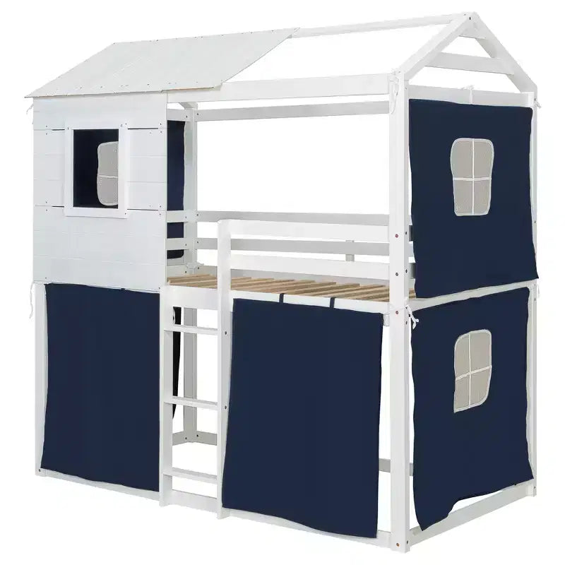 Lit superposé cabane en bois, format jumeau/double, avec tente, design amusant de maisonnette pour enfants - ModernLuxe