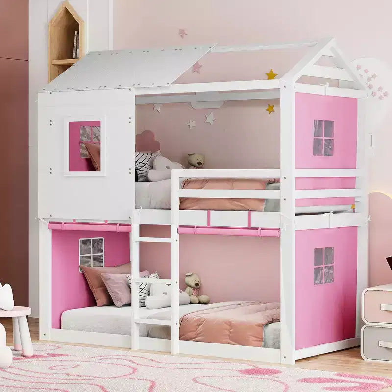 Lit superposé cabane en bois, format jumeau/double, avec tente, design amusant de maisonnette pour enfants - ModernLuxe