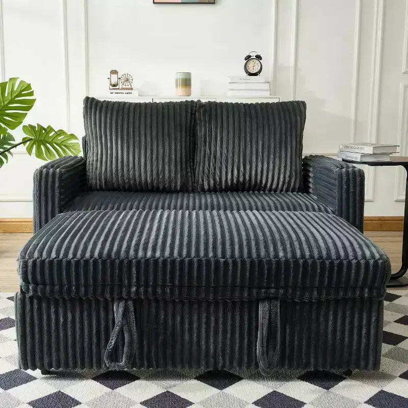 MAYEERTY Canapé-lit convertible moderne en velours côtelé avec oreillers et poches latérales pour salon, gris
