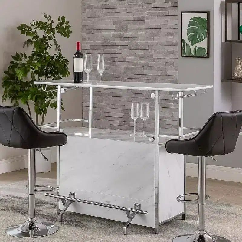 Table de bar Royal Hampton avec plateau aspect marbre et finition chromée, blanc et argent