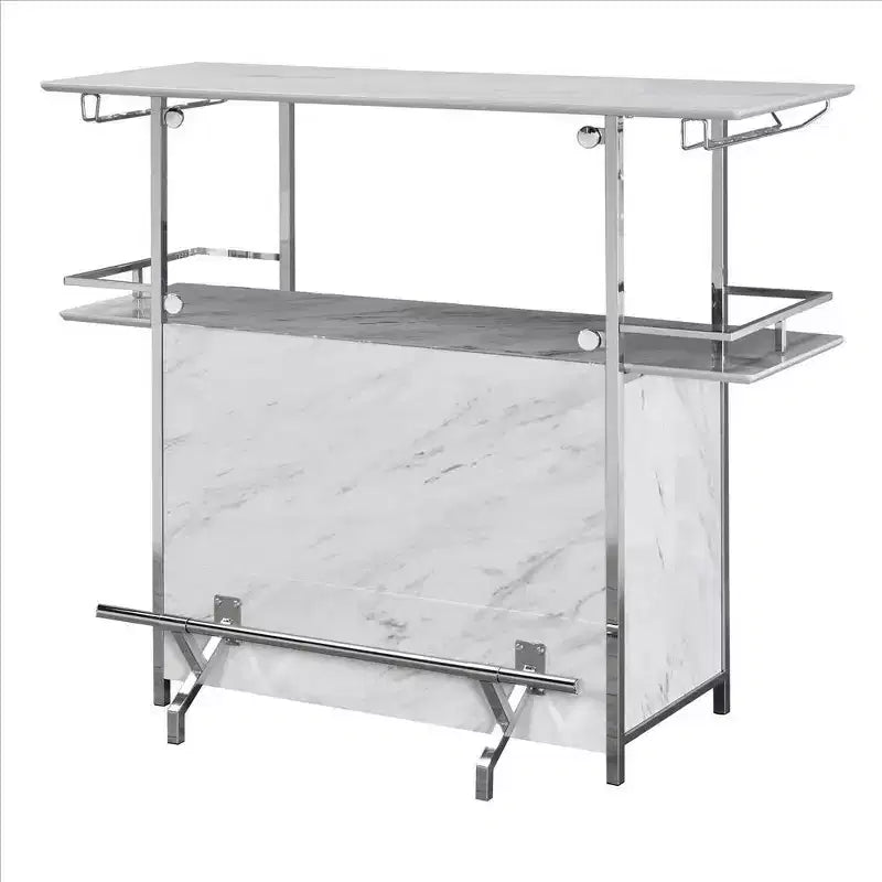 Table de bar Royal Hampton avec plateau aspect marbre et finition chromée, blanc et argent