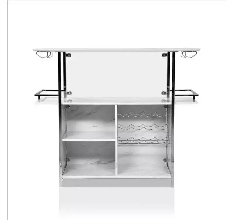 Table de bar Royal Hampton avec plateau aspect marbre et finition chromée, blanc et argent