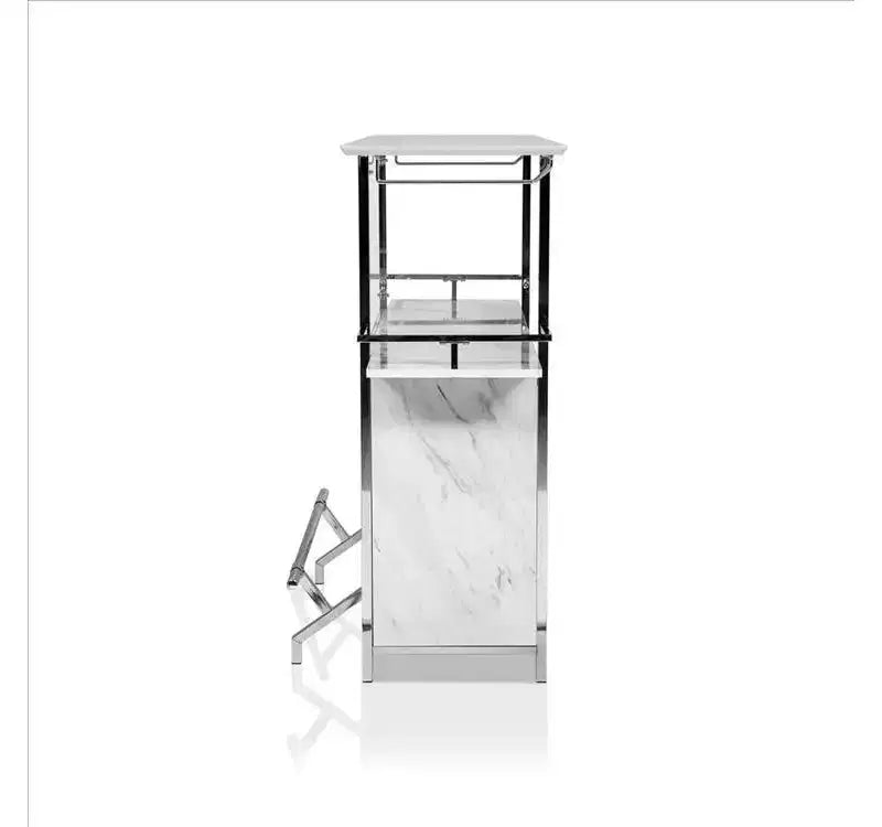 Table de bar Royal Hampton avec plateau aspect marbre et finition chromée, blanc et argent