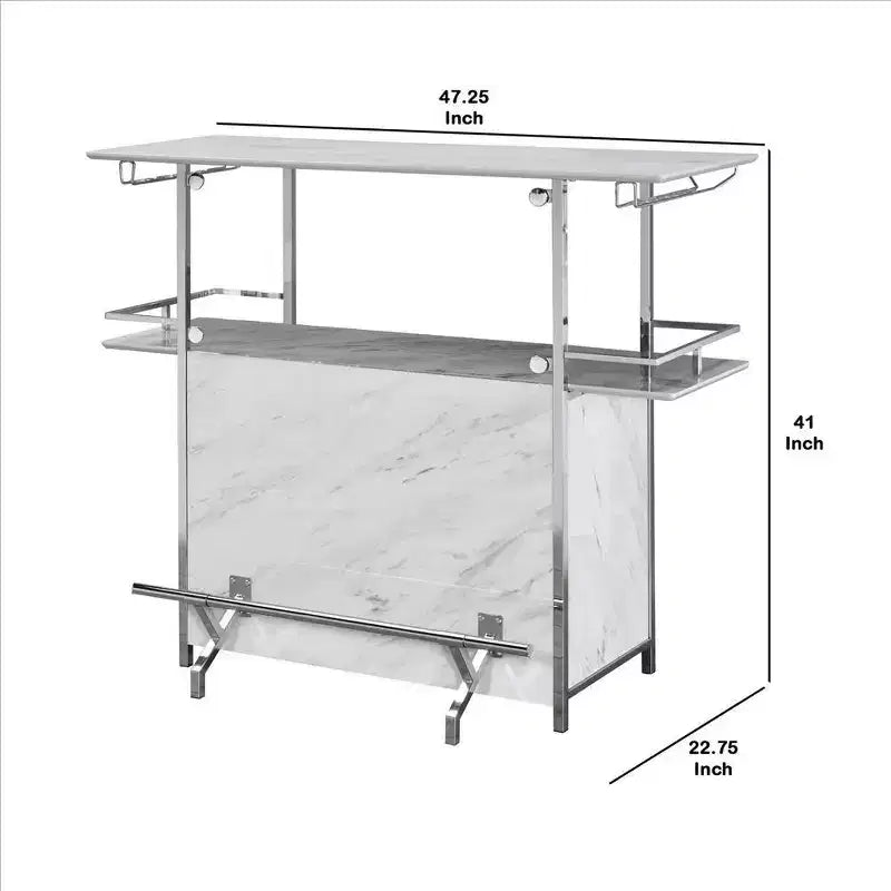 Table de bar Royal Hampton avec plateau aspect marbre et finition chromée, blanc et argent