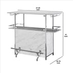 Table de bar Royal Hampton avec plateau aspect marbre et finition chromée, blanc et argent