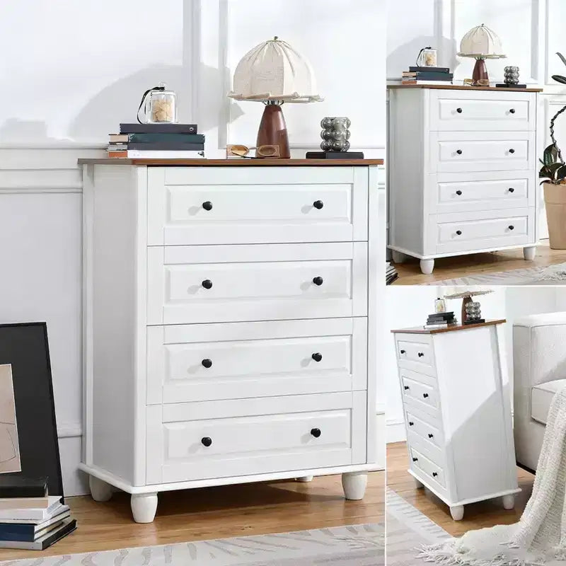 Commode de rangement blanche, 4 tiroirs avec poignées brossées