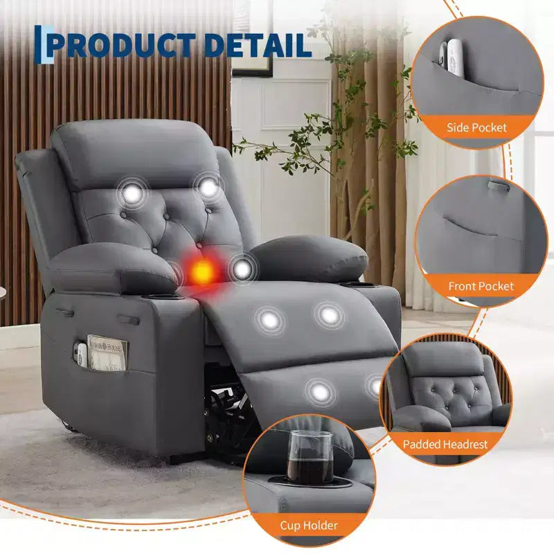 Fauteuil inclinable électrique releveur pour personnes âgées avec chauffage lombaire, fauteuil releveur électrique surdimensionné en cuir PU avec poches latérales et deux porte-gobelets