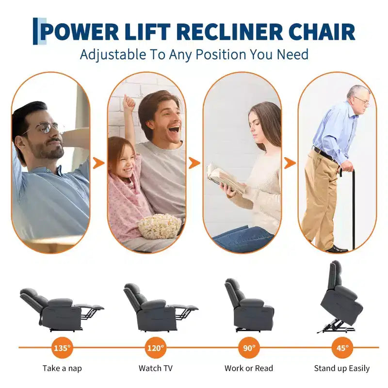 Fauteuil inclinable électrique releveur pour personnes âgées avec chauffage lombaire, fauteuil releveur électrique surdimensionné en cuir PU avec poches latérales et deux porte-gobelets