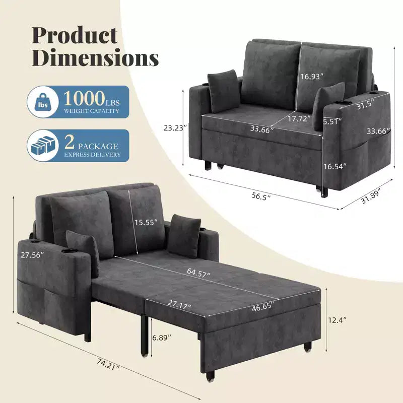 Canapé convertible 3-en-1, Canapé lit 2 places, Canapé convertible pleine grandeur avec porte-gobelets, pour Salon, Chambre, Appartement