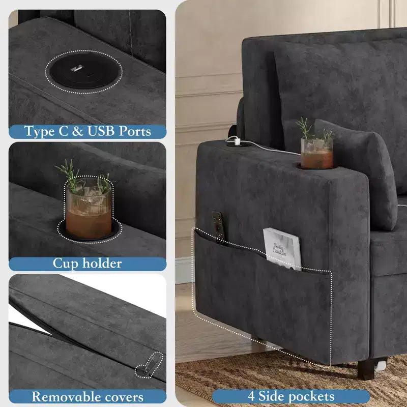 Canapé convertible 3-en-1, Canapé lit 2 places, Canapé convertible pleine grandeur avec porte-gobelets, pour Salon, Chambre, Appartement