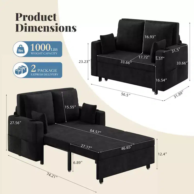 Canapé convertible 3-en-1, Canapé lit 2 places, Canapé convertible pleine grandeur avec porte-gobelets, pour Salon, Chambre, Appartement