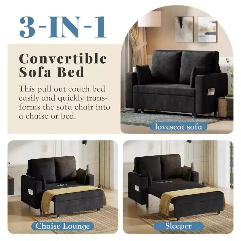 Canapé convertible 3-en-1, Canapé lit 2 places, Canapé convertible pleine grandeur avec porte-gobelets, pour Salon, Chambre, Appartement