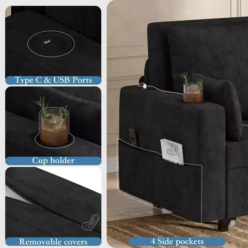 Canapé convertible 3-en-1, Canapé lit 2 places, Canapé convertible pleine grandeur avec porte-gobelets, pour Salon, Chambre, Appartement
