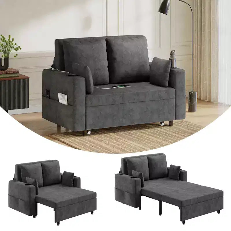 Canapé convertible 3-en-1, Canapé lit 2 places, Canapé convertible pleine grandeur avec porte-gobelets, pour Salon, Chambre, Appartement