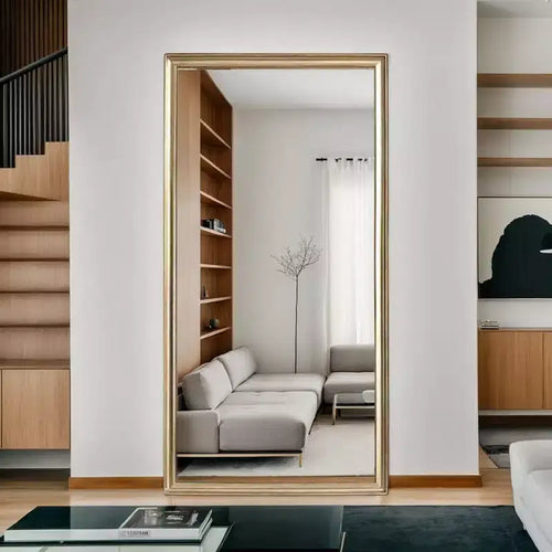 Miroir pleine longueur de 32 x 70 pouces avec cadre en bois artificiel cuivré, avec support, pour chambre et salon