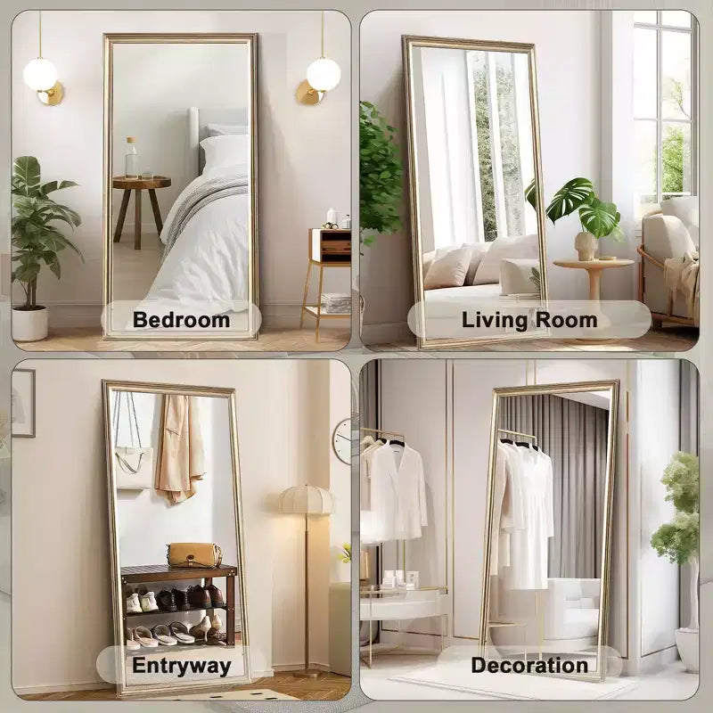 Miroir pleine longueur de 32 x 70 pouces avec cadre en bois artificiel cuivré, avec support, pour chambre et salon