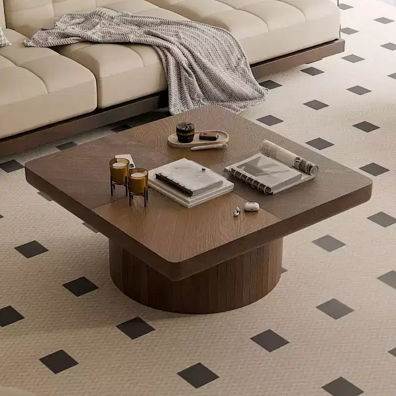 Table basse carrée cannelée Okak Vintage avec motif parquet, table centrale en placage de bois massif pour salon, chambre à coucher