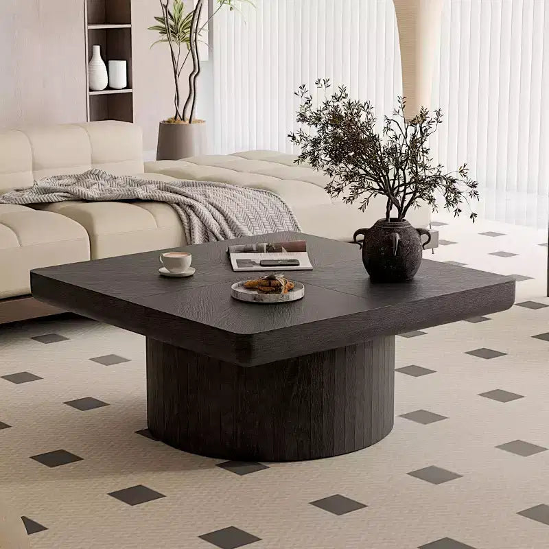 Table basse carrée cannelée Okak Vintage avec motif parquet, table centrale en placage de bois massif pour salon, chambre à coucher
