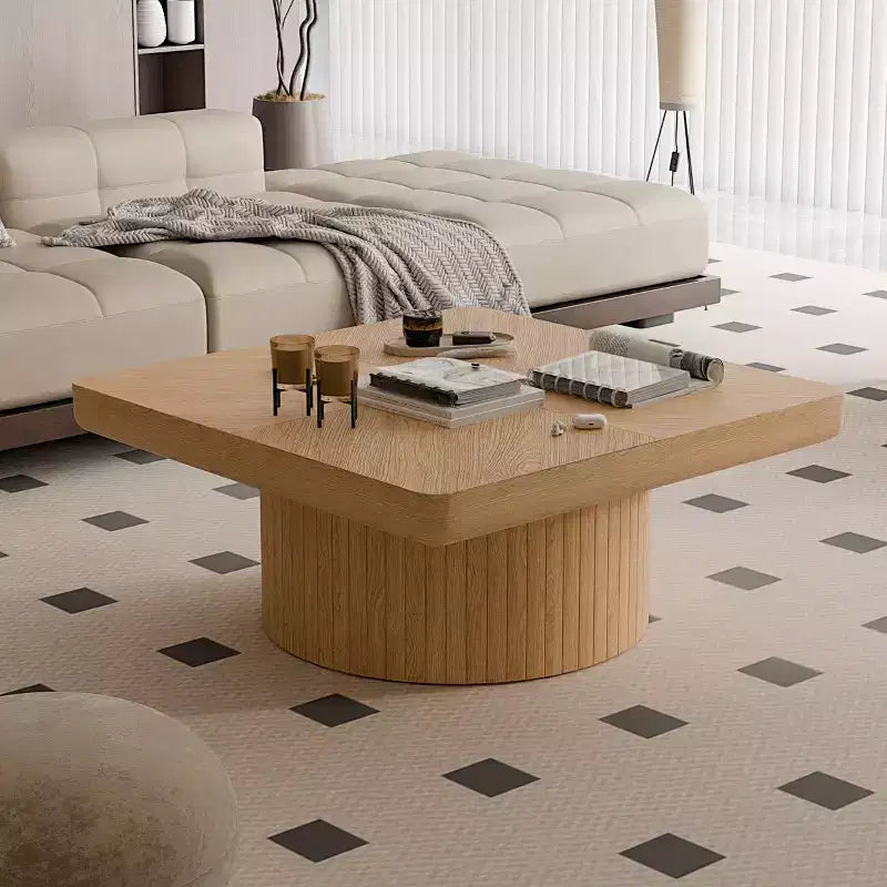 Table basse carrée cannelée Okak Vintage avec motif parquet, table centrale en placage de bois massif pour salon, chambre à coucher