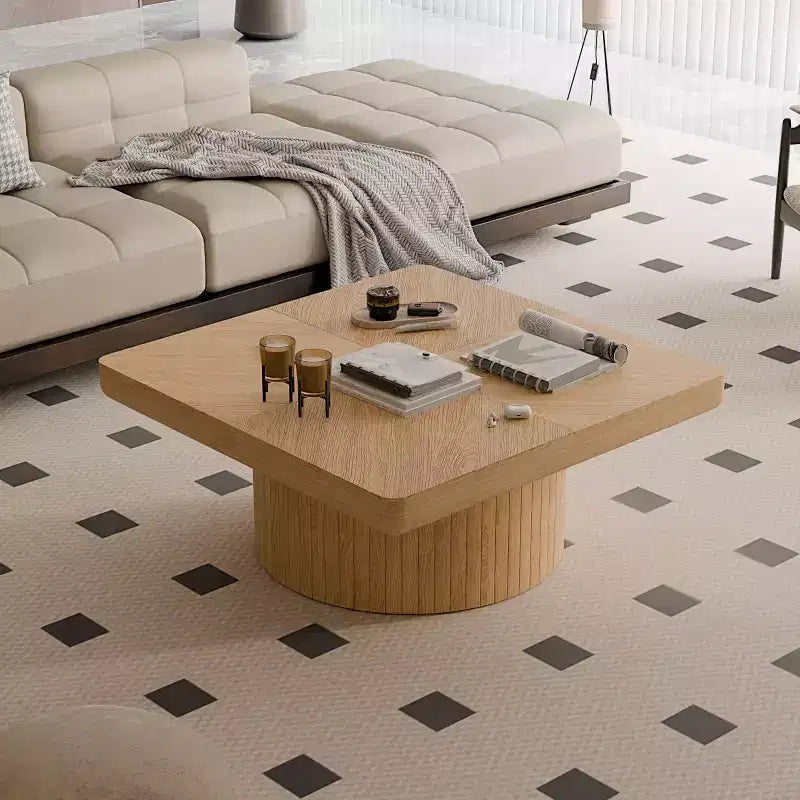 Table basse carrée cannelée Okak Vintage avec motif parquet, table centrale en placage de bois massif pour salon, chambre à coucher