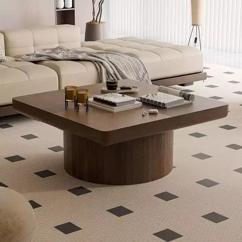 Table basse carrée cannelée Okak Vintage avec motif parquet, table centrale en placage de bois massif pour salon, chambre à coucher
