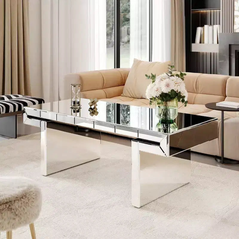 Table Basse Rectangulaire avec Miroir et Accents en Verre Canné - Panipeachy