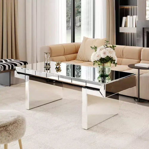 Table Basse Rectangulaire avec Miroir et Accents en Verre Canné - Panipeachy