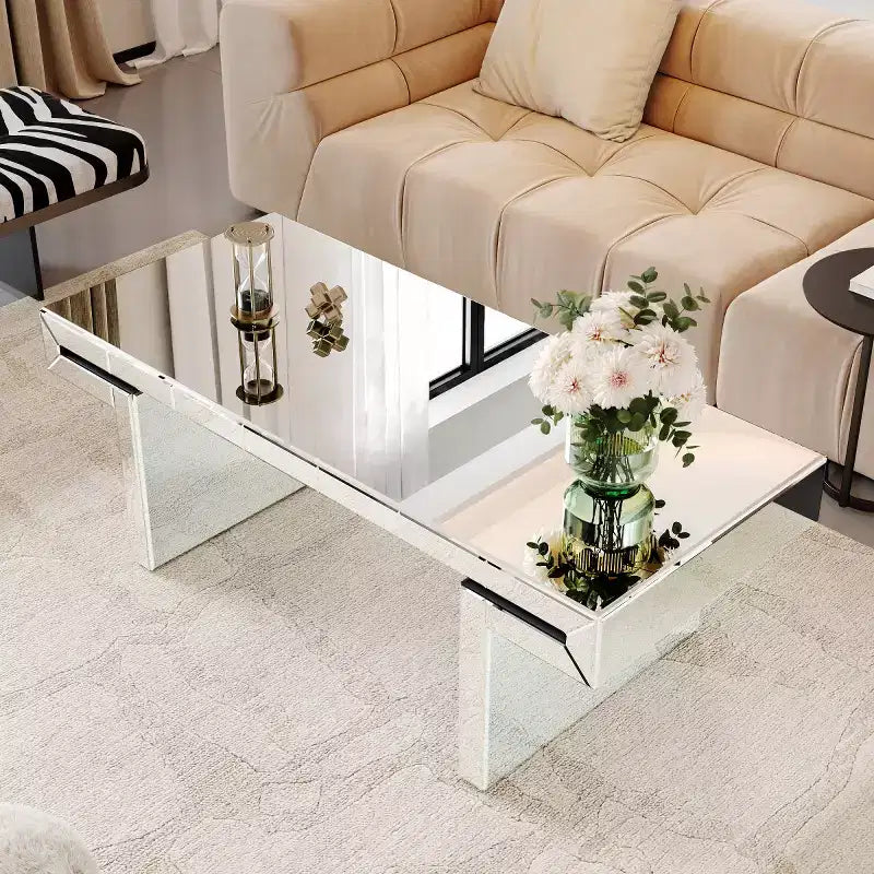 Table Basse Rectangulaire avec Miroir et Accents en Verre Canné - Panipeachy
