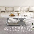 Table Basse Moderne en Pierre Frittée avec Base Sculpturale en Acier Inoxydable, Table Basse de Salon en Faux Marbre Forme Galet - Panipeachy