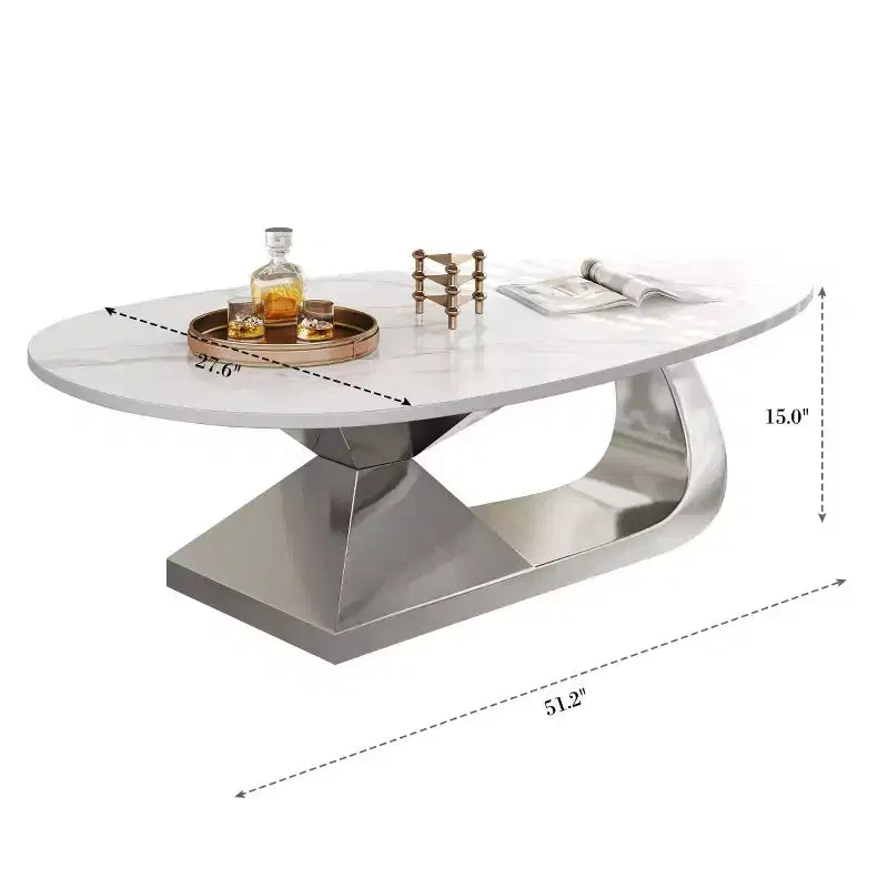 Table Basse Moderne en Pierre Frittée avec Base Sculpturale en Acier Inoxydable, Table Basse de Salon en Faux Marbre Forme Galet - Panipeachy