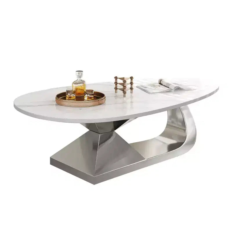 Table Basse Moderne en Pierre Frittée avec Base Sculpturale en Acier Inoxydable, Table Basse de Salon en Faux Marbre Forme Galet - Panipeachy