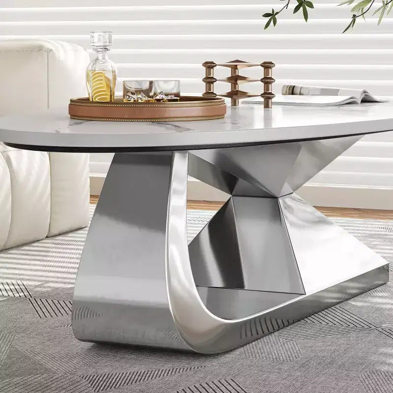 Table Basse Moderne en Pierre Frittée avec Base Sculpturale en Acier Inoxydable, Table Basse de Salon en Faux Marbre Forme Galet - Panipeachy