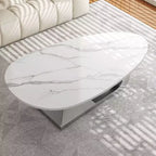 Table Basse Moderne en Pierre Frittée avec Base Sculpturale en Acier Inoxydable, Table Basse de Salon en Faux Marbre Forme Galet - Panipeachy