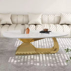 Table Basse Moderne en Pierre Frittée avec Base Sculpturale en Acier Inoxydable, Table Basse de Salon en Faux Marbre Forme Galet - Panipeachy