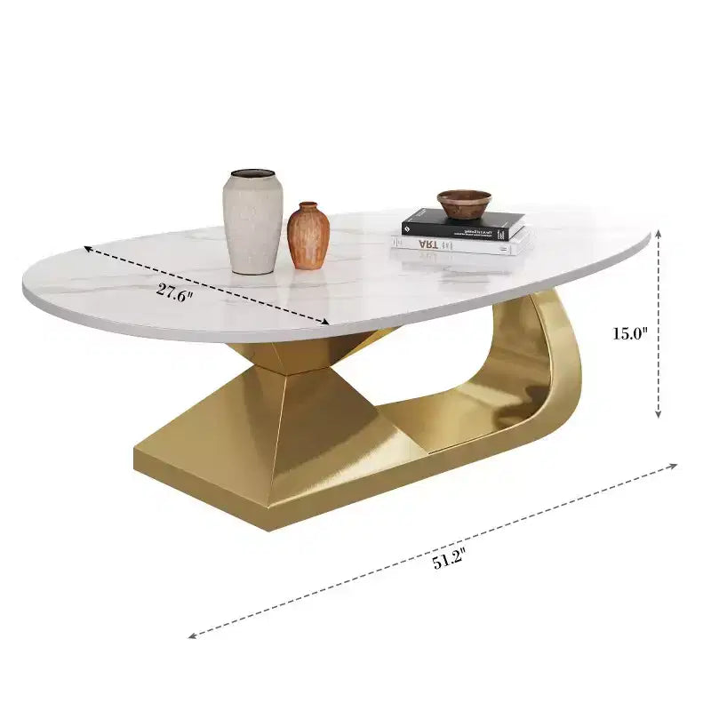 Table Basse Moderne en Pierre Frittée avec Base Sculpturale en Acier Inoxydable, Table Basse de Salon en Faux Marbre Forme Galet - Panipeachy