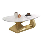 Table Basse Moderne en Pierre Frittée avec Base Sculpturale en Acier Inoxydable, Table Basse de Salon en Faux Marbre Forme Galet - Panipeachy