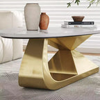 Table Basse Moderne en Pierre Frittée avec Base Sculpturale en Acier Inoxydable, Table Basse de Salon en Faux Marbre Forme Galet - Panipeachy