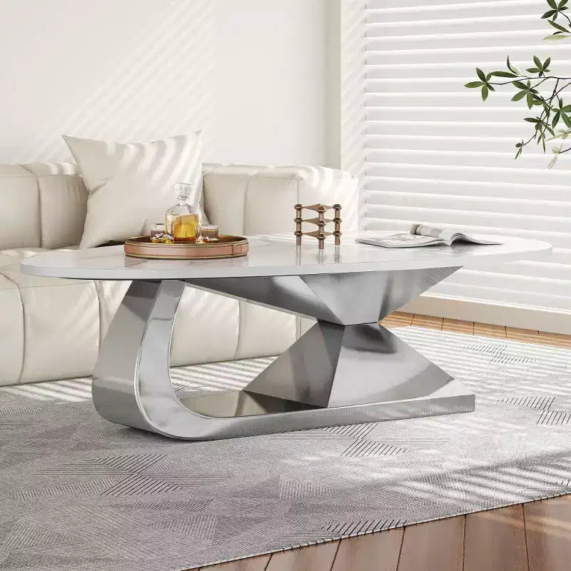 Table Basse Moderne en Pierre Frittée avec Base Sculpturale en Acier Inoxydable, Table Basse de Salon en Faux Marbre Forme Galet - Panipeachy