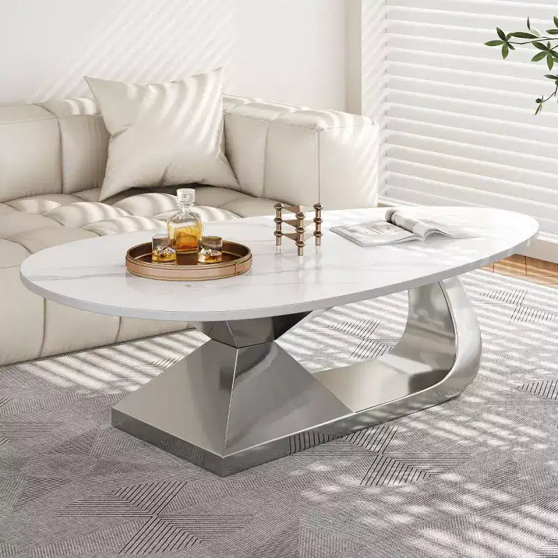 Table Basse Moderne en Pierre Frittée avec Base Sculpturale en Acier Inoxydable, Table Basse de Salon en Faux Marbre Forme Galet - Panipeachy
