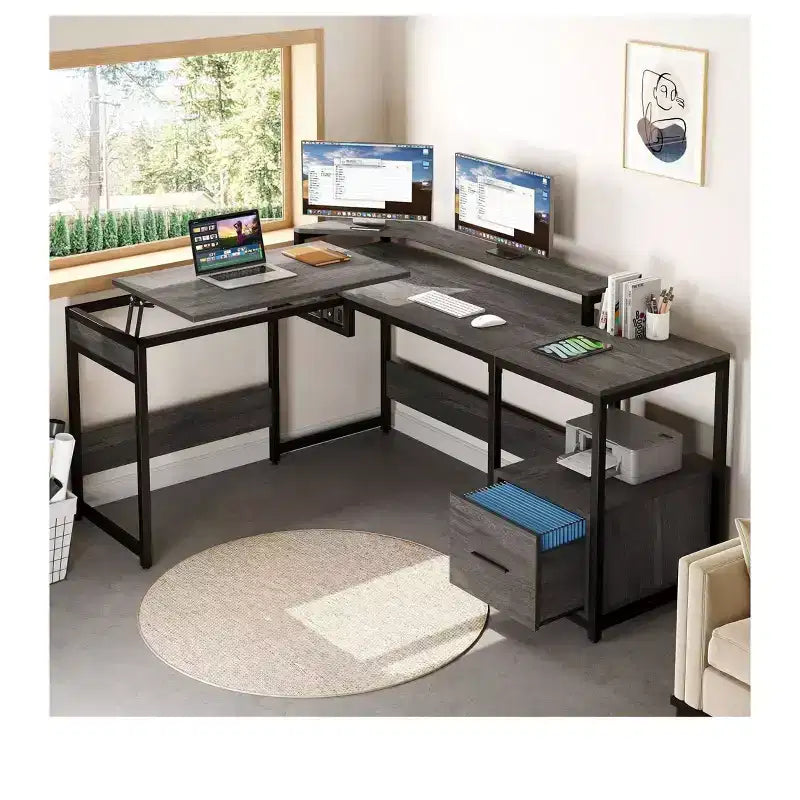 Bureau en L de 65 pouces avec plateau relevable, bureau d'angle pour ordinateur avec tiroir de classement pour bureau à domicile