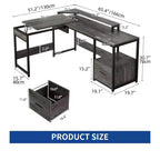 Bureau en L de 65 pouces avec plateau relevable, bureau d'angle pour ordinateur avec tiroir de classement pour bureau à domicile