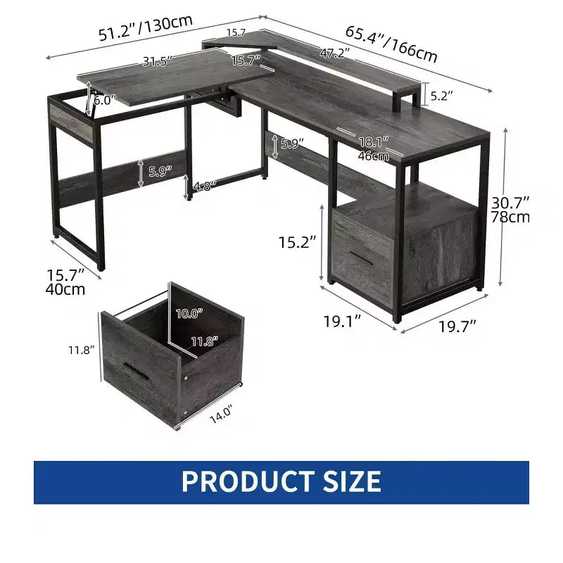 Bureau en L de 65 pouces avec plateau relevable, bureau d'angle pour ordinateur avec tiroir de classement pour bureau à domicile