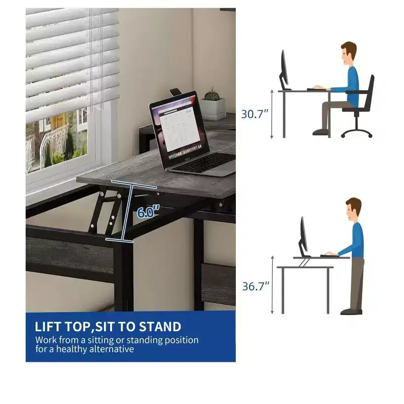 Bureau en L de 65 pouces avec plateau relevable, bureau d'angle pour ordinateur avec tiroir de classement pour bureau à domicile