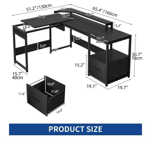 Bureau en L de 65 pouces avec plateau relevable, bureau d'angle pour ordinateur avec tiroir de classement pour bureau à domicile