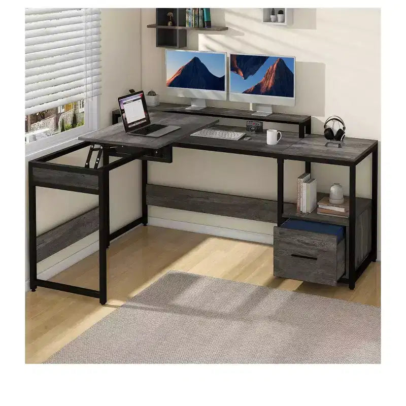 Bureau en L de 65 pouces avec plateau relevable, bureau d'angle pour ordinateur avec tiroir de classement pour bureau à domicile