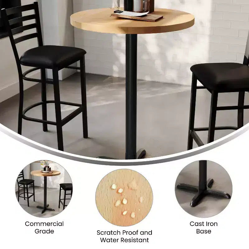 Plateau de table d'intérieur commercial Flash Furniture Bennett en bois massif rond avec base en X en fonte résistante à la rouille de 56 x 56 cm pour table de bar