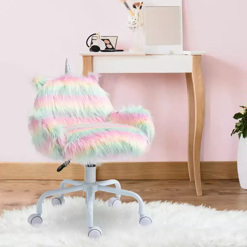 Chaise de bureau Licorne moelleuse avec dossier mi-haut et accoudoirs, base blanche à 5 roulettes pivotantes