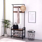 Okak 72.8IN Portant industriel avec banc à chaussures et 9 crochets amovibles, Meuble d'entrée avec tringle de suspension, Porte-manteau pour salon, couloir, Marron