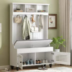 Meuble d'entrée Okak 5-en-1 avec portes persiennes, porte-manteau autoportant avec coussin et 4 crochets robustes, large support pour manteaux pour couloir, blanc
