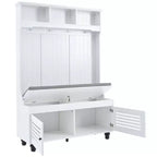 Meuble d'entrée Okak 5-en-1 avec portes persiennes, porte-manteau autoportant avec coussin et 4 crochets robustes, large support pour manteaux pour couloir, blanc